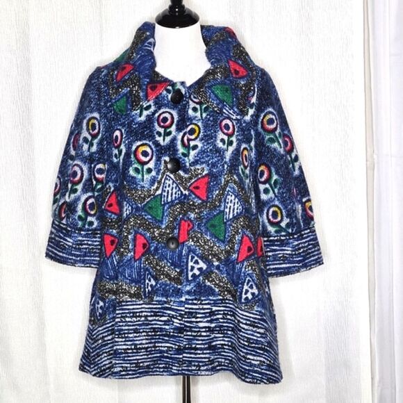 Damee Inc Wearable Art Vintage Blue Abstract Floral 3/4 Sleeve Swing Coat Jacket - Picture 1 of 12